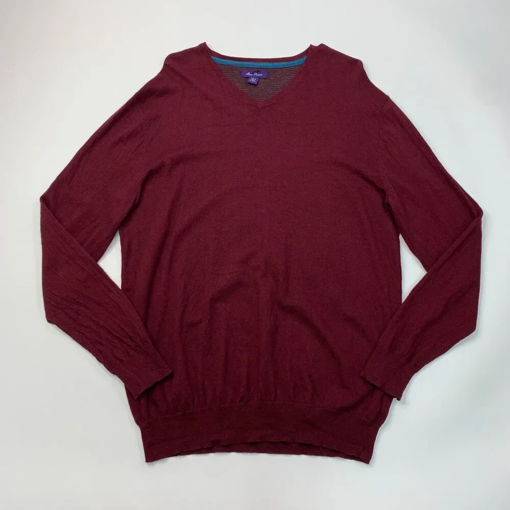 Alan Flusser Sweater Men L Large Maroon Cotton Wool Cashmere Nylon Blend V Neck